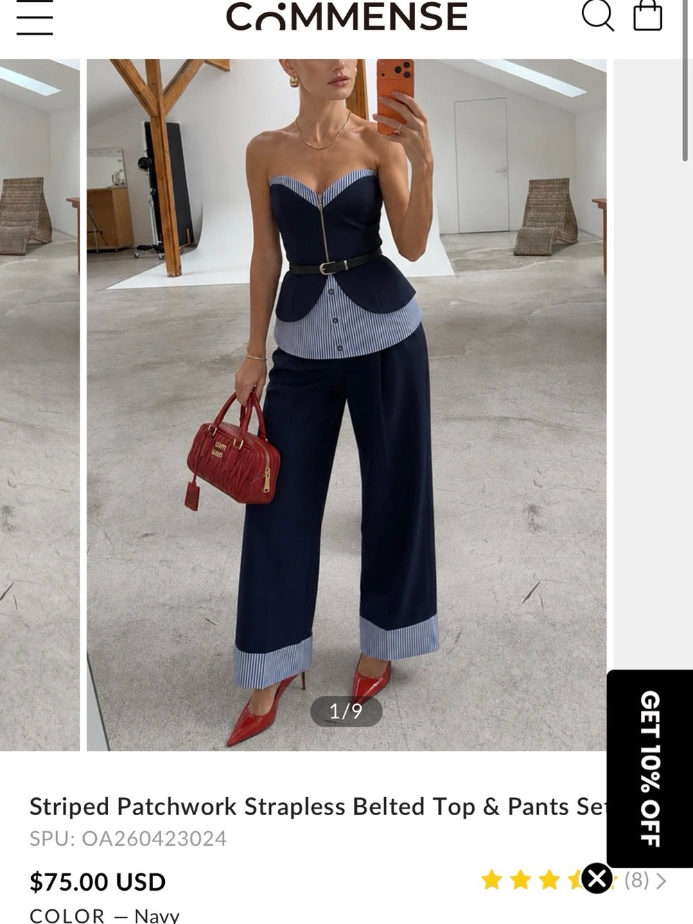 NWT Commense Pantsuit with Navy Wide-Leg Striped Cuffs